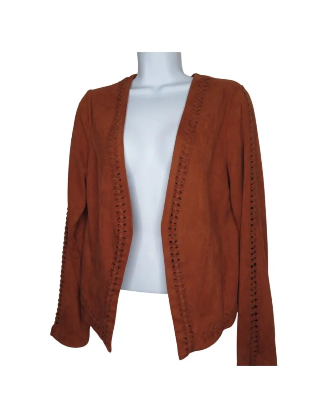 Gianni Bini Rust Faux Suede Open Front Jacket Intricate Braided Trim Long Sleeve